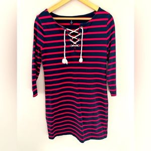 Gap Factory 3/4 Sleeve Striped Red/Navy Shift Dress Tie Neck Size XS